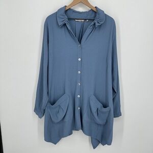 Soft Surroundings Tunic Top Womens‎ 1X Blue Button Front Textured Sharkbite Hem